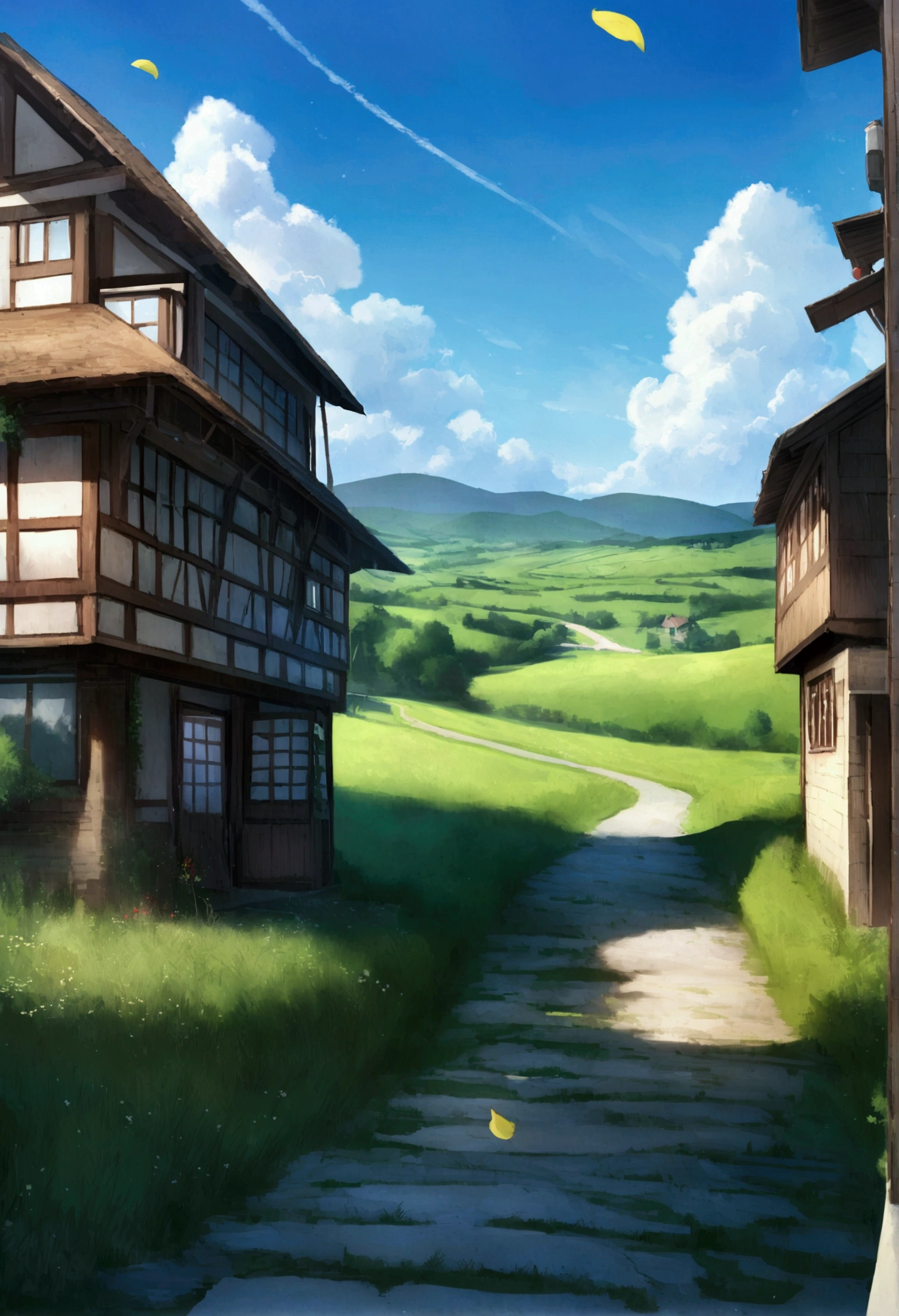 realista, Real, Beautiful and Stunning Landscape Oil Painting Studio Ghibli Hayao Miyazaki Petals Grasslands Blue Sky Grasslands Country Road,edificio,