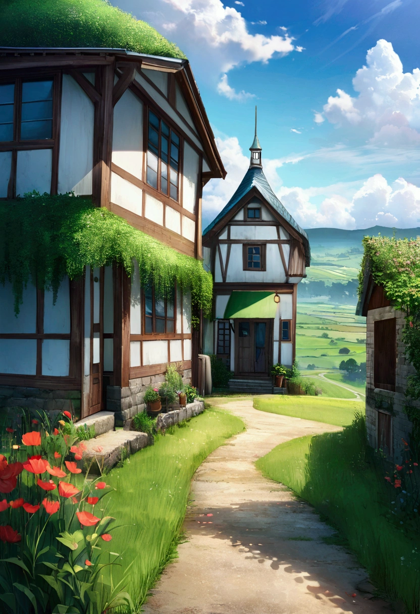 realista, Real, Beautiful and Stunning Landscape Oil Painting Studio Ghibli Hayao Miyazaki Petals Grasslands Blue Sky Grasslands Country Road,edificio,
