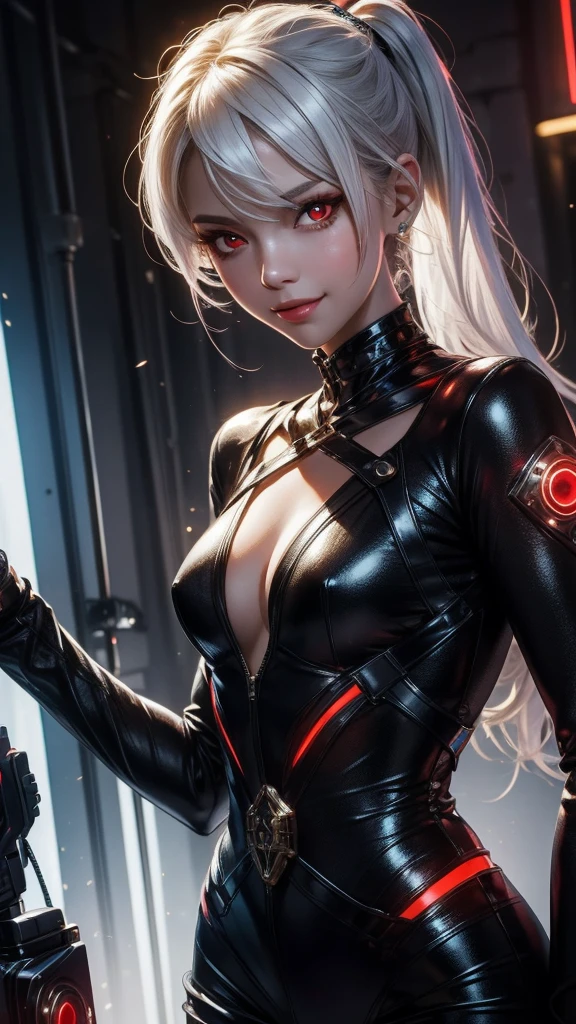 Close-up waist-up portrait of Cinderella reimagined in a cyberpunk setting, (white hair), (pony tail), (red eyes:1.5), modern dress infused with holographic elements. She exhibits a seductive and charming demeanor, with eyes that hold a mesmerizing look. The scene captures her as a temptress with an alluring gaze and attracting looks, masterpiece: 2, best quality, ultra high-res, original, extremely detailed, perfect lighting, smile