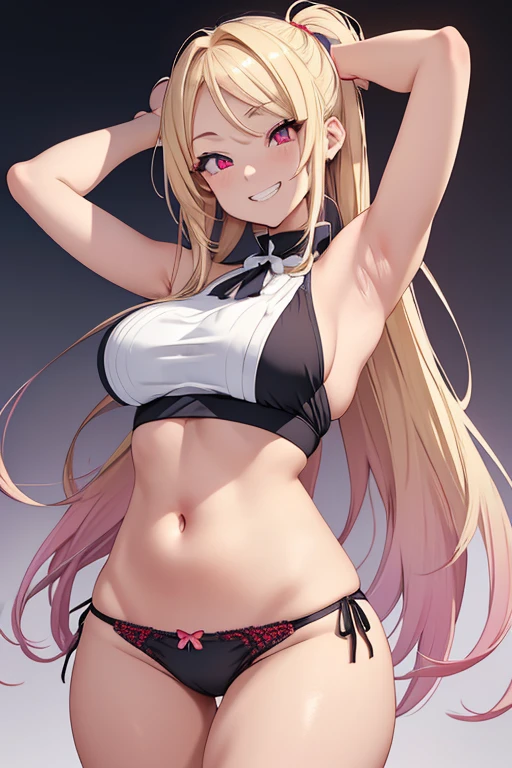 Realistic、masterpiece, 1house wife、blonde hair、twin tail, red eyes, (eye focus:1.3,face focus),(Gradient eyes:1.3),(sexy panties)、open mouth,(grin:1.3),forehead,cute face、((Thick thighs、Beautiful thighs)), A condescending gaze on the viewer,((Raise your arms, Expose your armpits)), Wrestler