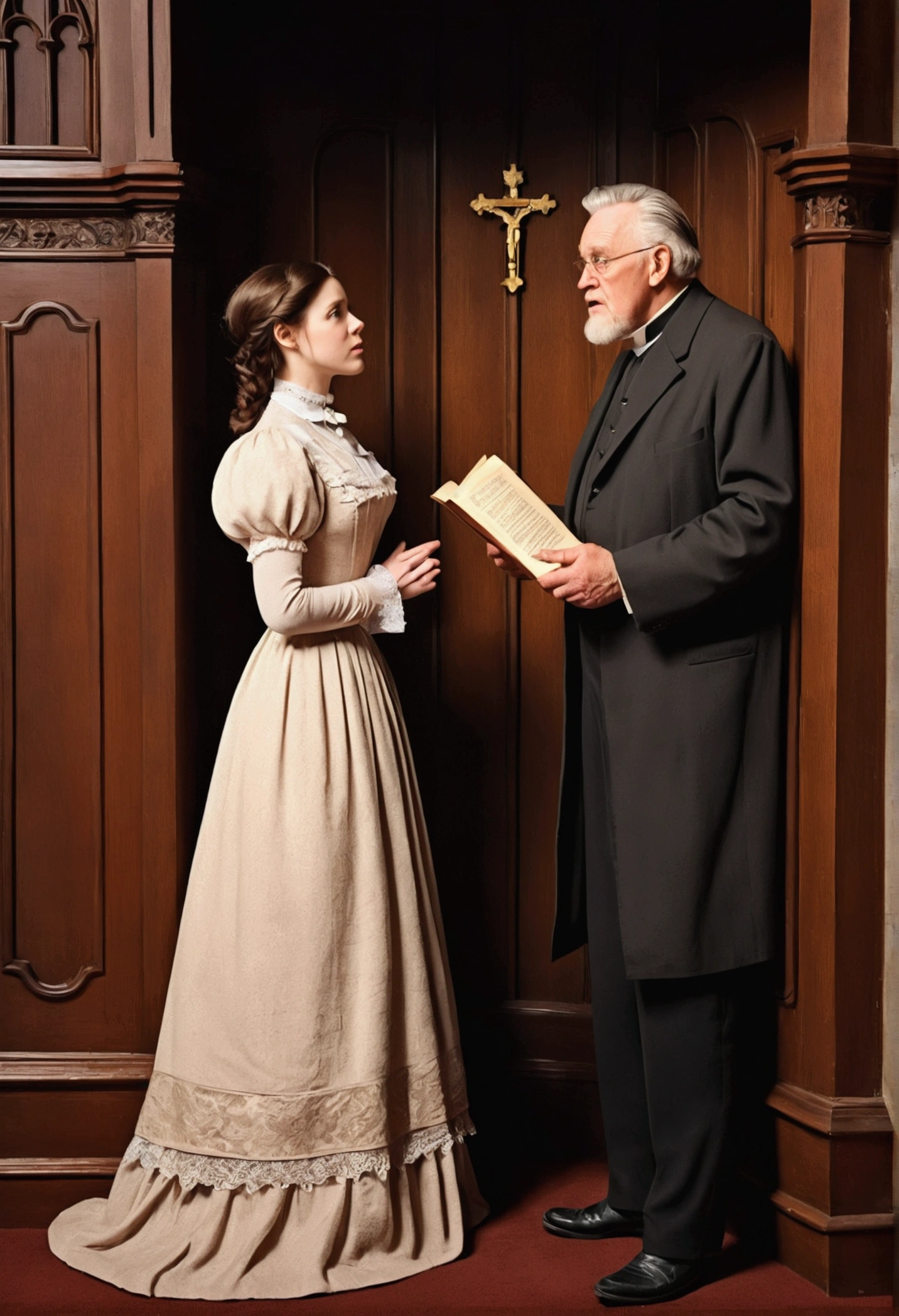 Illustration of a church scene in Victorian style, an elderly pastor and a young buxom brunette woman wearing a Victorian style dress standing in front of the confessional an talking