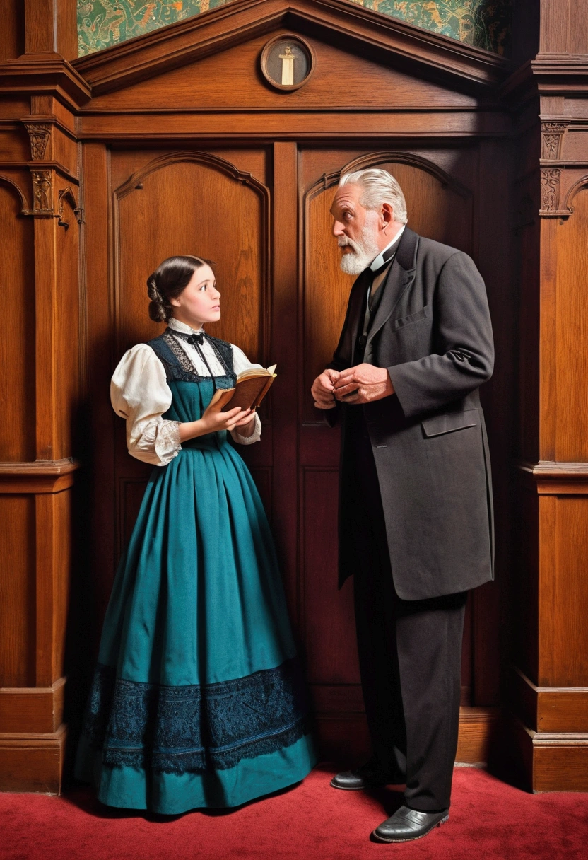 Illustration of a church scene in Victorian style, an elderly pastor and a young buxom brunette woman wearing a Victorian style dress standing in front of the confessional an talking