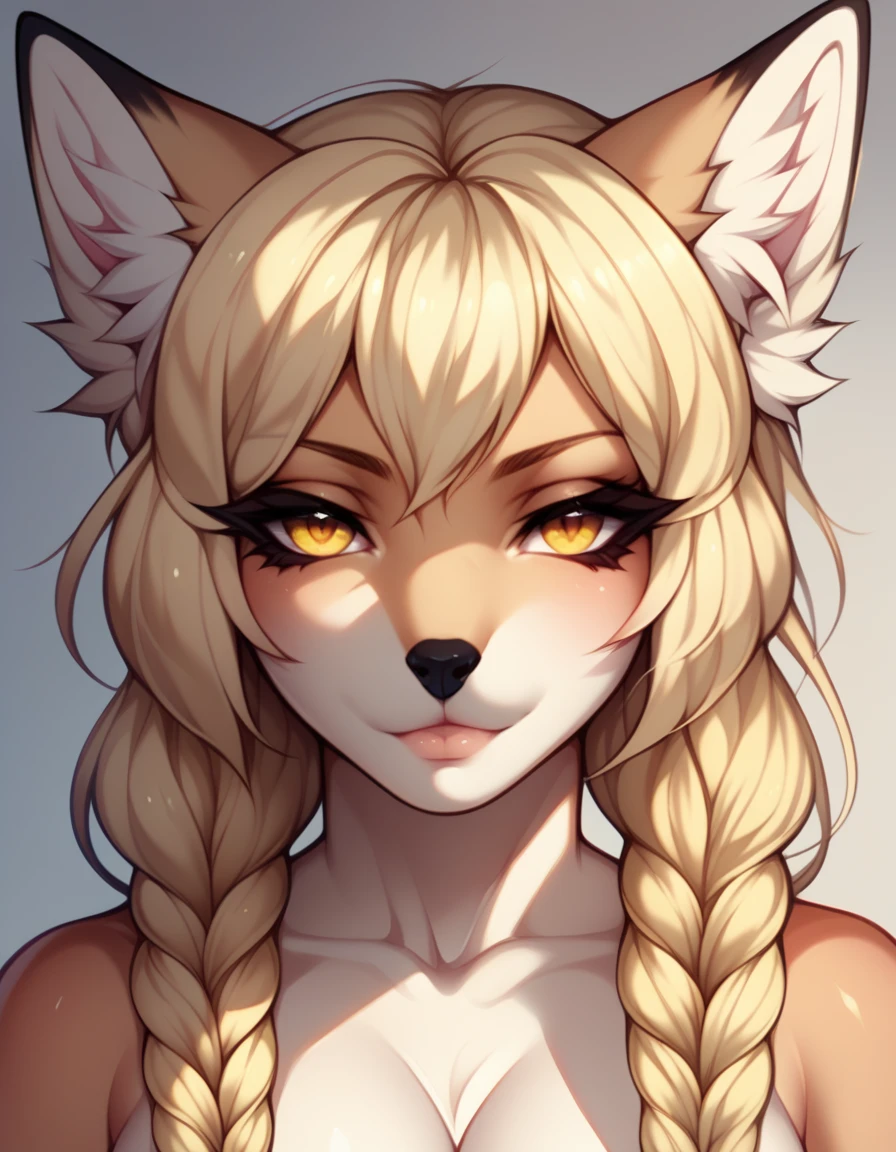 So, score_9, score_8_up, score_7_up, score_6_up, score_5_up, score_4_up, source_anime, Anthro, yellow furry fox girl, Kimiko, blonde braided hair, yellow eyes, yellow furry body, portrait, close up