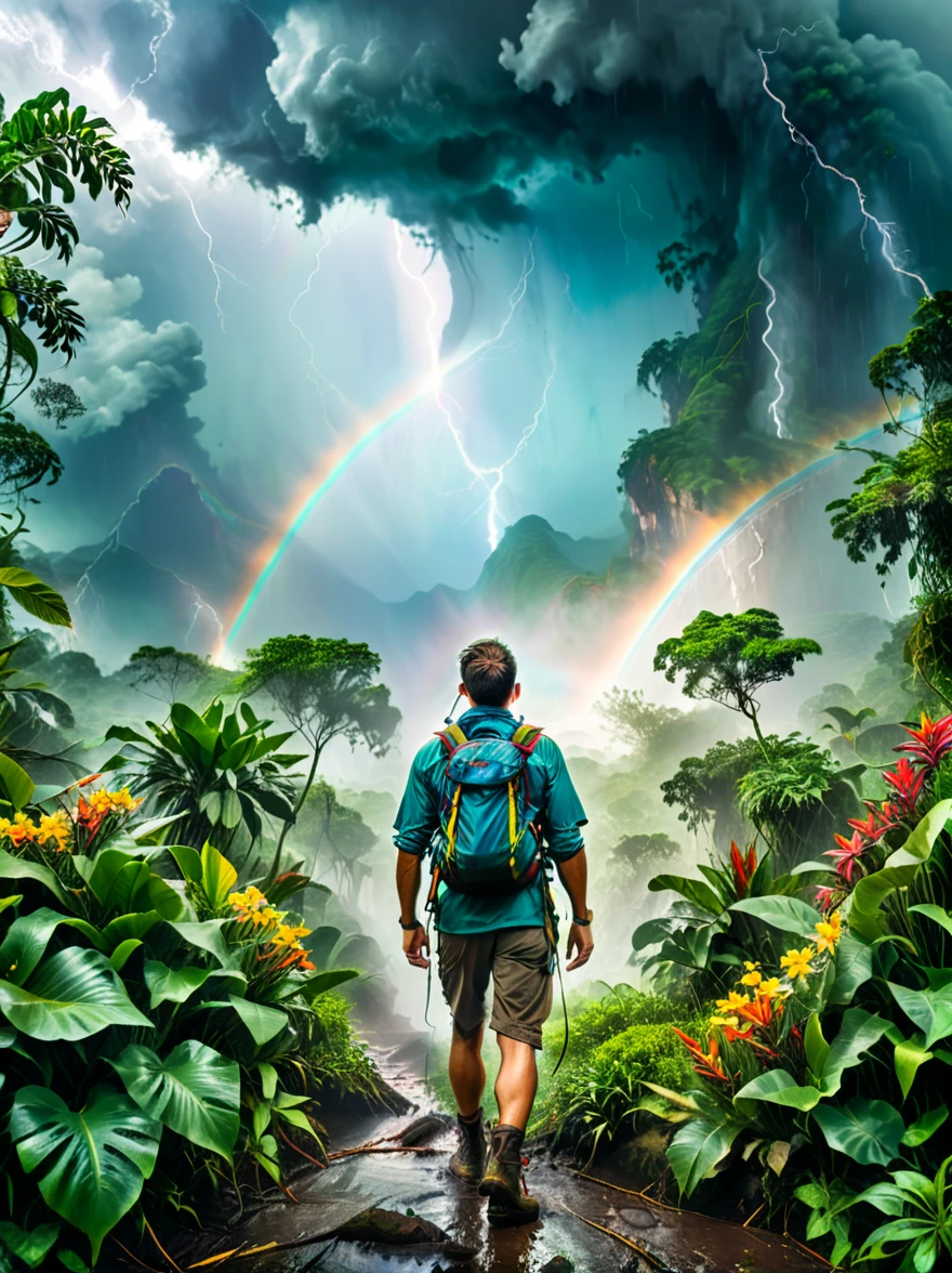 Show a shocking picture,Scenic jungle adventure landscape,The storm is raging,Cloudy sky,The plants are dense,Gloomy sky,heavily clouded,Lightning streaked by,A male hiker battles bad weather.,He is walking through the jungle,Brave the Storm,Demonstrates overcoming adversity,suddenly,A bright rainbow streaks across the landscape,As if reaching the center of the storm,Despite the difficulties,But the brightly colored flowers in the foreground are still thriving,Adds vibrant colors to the scene