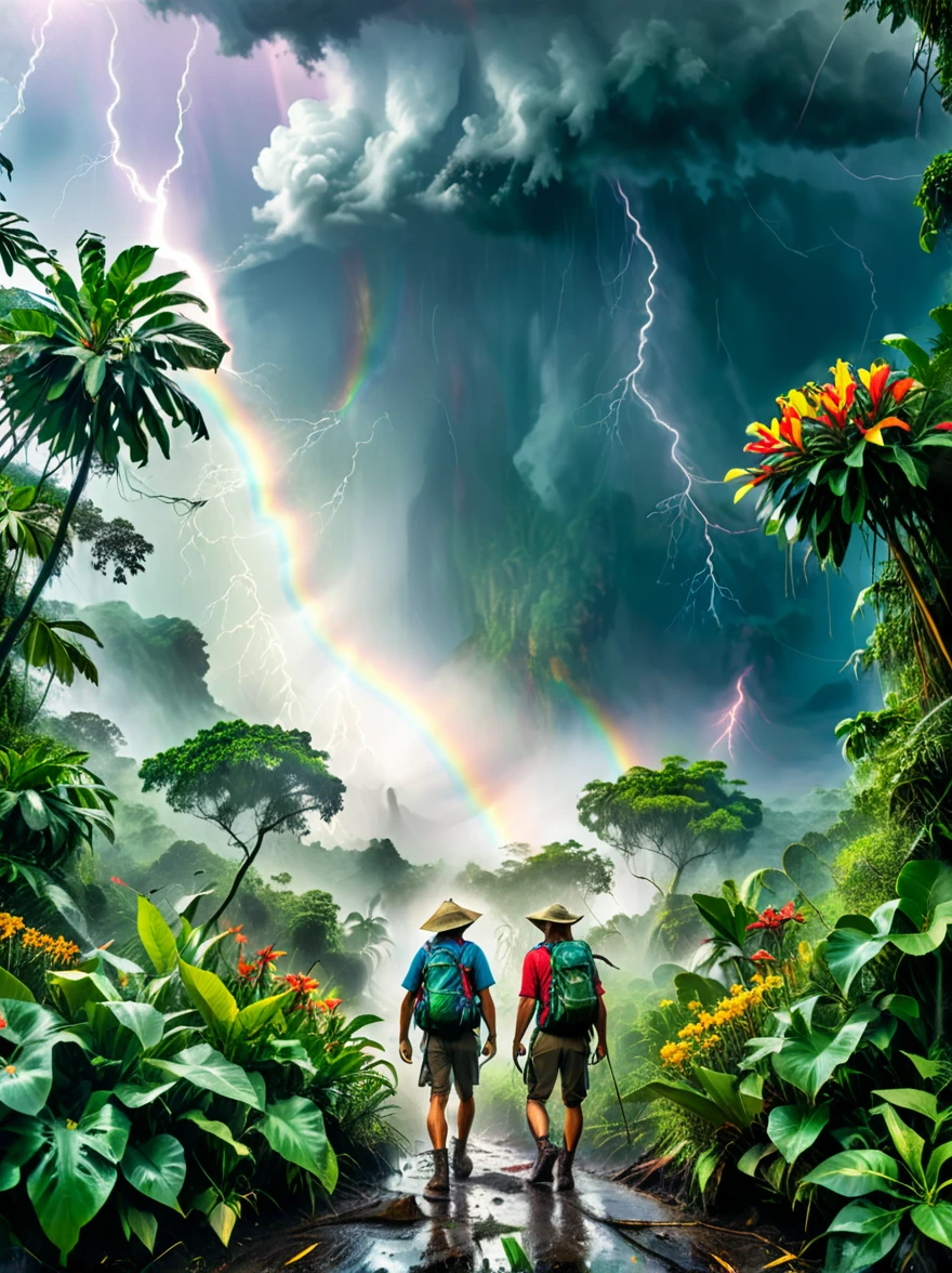 Show a shocking picture，Scenic jungle adventure landscape，The storm is raging，Cloudy sky，The plants are dense，Gloomy sky，heavily clouded，Lightning streaked by，A male hiker battles bad weather.，He is walking through the jungle，Brave the Storm，Demonstrates overcoming adversity，suddenly，A bright rainbow streaks across the landscape，As if reaching the center of the storm，Despite the difficulties，But the brightly colored flowers in the foreground are still thriving，Adds vibrant colors to the scene