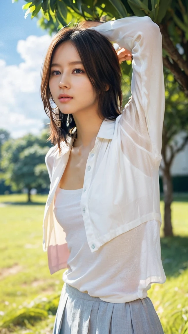 Bottom-to-top drawing:1.53,One Girl、Beautiful and detailed eyes and face、barefoot、 Japanese girl, ((Extremely precise and accurate anatomy:1.0)), (photo Realistic:1.4), (hyper Realistic:1.4), (最高品質のRealisticな肌の質感:1.4), (Improvement of quality:1.4), (Enhances the beauty of skin texture:1.1), Clean and glowing skin, mesh, thin:1.2, (Realistic:1.3), Realisticなライティング, (Smoother lighting:1.05), (Improving the quality of cinema lighting:0.9), Backlight, A gentle light on your face, Ray Tracing, (Bright light:1.2), 32K, One Japanese woman, fine grain, Detailed face, (Film Grain:1.1),(Accentuates body lines:1.1), High resolution, Natural look, Kind eyes, Improves hair quality, Delicate light and shadow, Transparent muscles, Graceful pose, Beautiful Eyes, Sharp details, Soft light reflection, Beautiful contours, Delicate skin tone, Fine hair texture, Natural background, (((sunny day、School zone、A strong wind is blowing、Her hair and skirt are flying、 Open shirt、Pleated skirt、stroll:1.25、Light of the sun、Clear skies、stage、Blue sky and white clouds、The joys of youth)))、