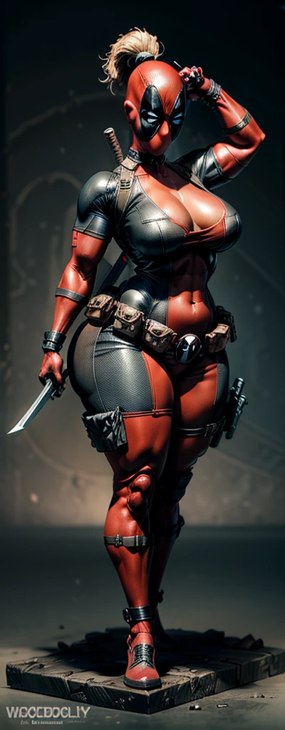 female deadpool, sexy, 3d printed figurine, character design, half naked, busty, ultra thick thighs, huge , huge body, muscular, wide hips, bodybuilder, muscle, sexy suit, full body, full body suit, ultra detailed suit, micro details, deadpool mask on, swords in both hands, tall, on a base, ultra detailed base,concept art, unique pose, expressive, ultra realistic, realism,Expressiveh,dark theme,disney pixar style,DeadpoolStyle, plain grey background