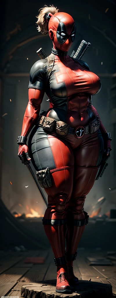 female deadpool, sexy, 3d printed figurine, character design, half naked, busty, ultra thick thighs, huge , huge body, muscular, wide hips, bodybuilder, muscle, sexy suit, full body, full body suit, ultra detailed suit, micro details, deadpool mask on, swords in both hands, tall, on a base, ultra detailed base,concept art, unique pose, expressive, ultra realistic, realism,Expressiveh,dark theme,disney pixar style,DeadpoolStyle, plain grey background