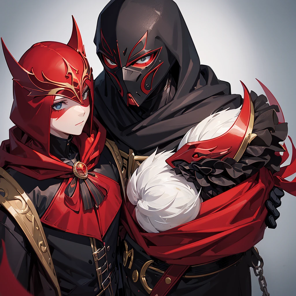 Tiefling d&d ref sheet, black, anime spiky, slick back short hair, half mask. tsundere goth vibe, long curly horns, black sclera and red bright eyes, gold piercings, noble feel, ad like, rpg character art, profile art, using fur collar, half lower mask, Red skin, ANIME, warlock armor, smirking, FEMALE
