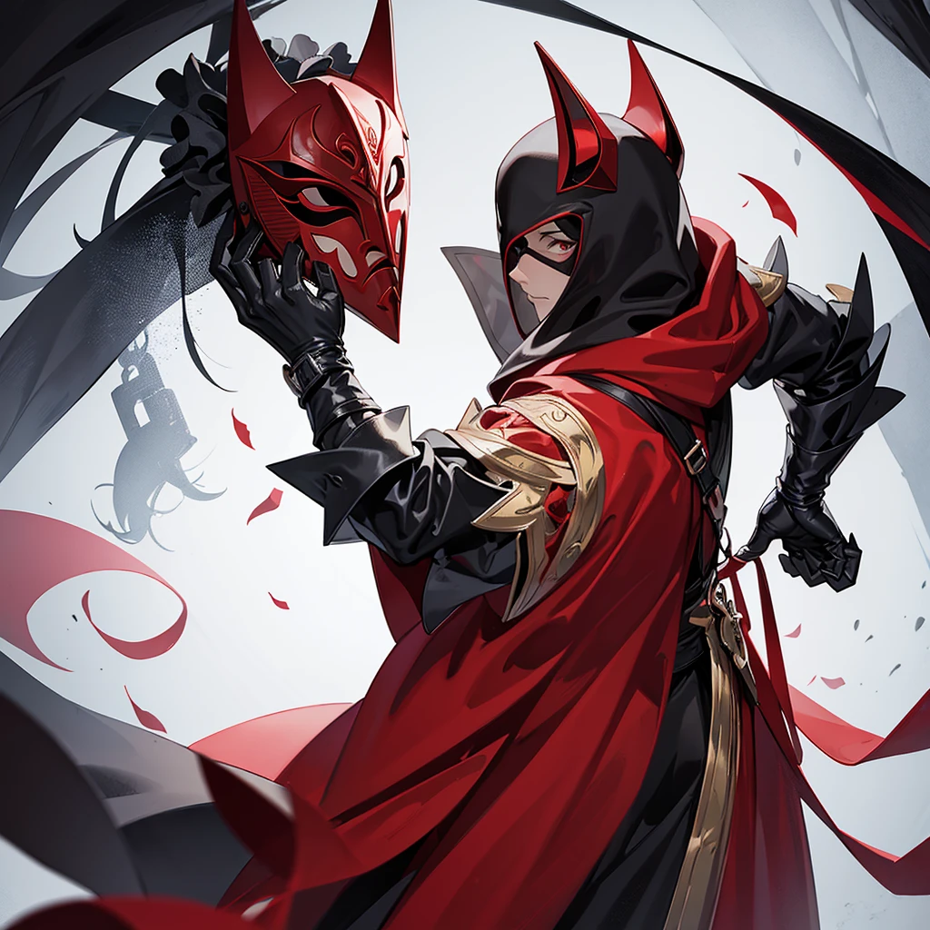 mascarado,red mask,Black hood and black clothes, black gloves,
