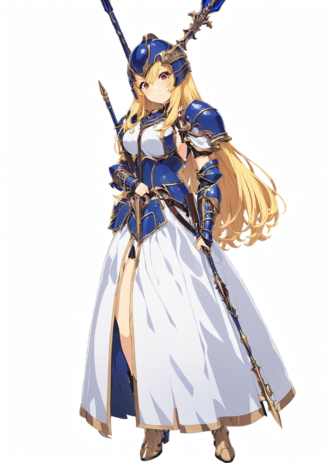 high quality, high resolution, high qualityのゲームアートスタイル, whole body,valkyrie,perfect hand,Official Art, Smooth game CG art, Visual Novel Sprites, White background,Smooth game CG art, (((Woman with a gun))),Woman wearing a white dress and blue armor, An intricately designed helmet with white feathers,Small shield, (((In his right hand he holds an elaborate spear))),Exquisite Blue Armor,Golden Hair, long hair, female knight, Rin々Shii,Large Bust,20-year-old,