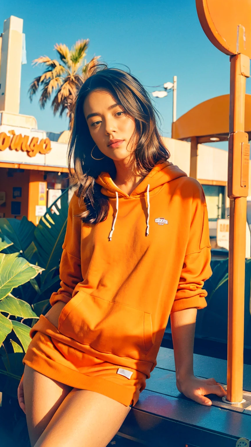 ((long shot photography)) ((best quality)), ((masterpiece)), (detailed),upper body,close-up, 8k, RAW photo,1 girl,real Polaroid photo, beautiful, ultra-realistic,detail face, light leak,dark intens shadow, black bob hair, almond eye, no makeup,wearing ((oversized hoodie orange color)),tennis skirt, in front of ((80's los angel colorful gas station)), (realistic:1.1), (surreal:1.2), (very detailed:1.1), ((masterpiece)),(sharp focus), bokeh (palm trees),summer, blue sky,sunny, los angles vibes