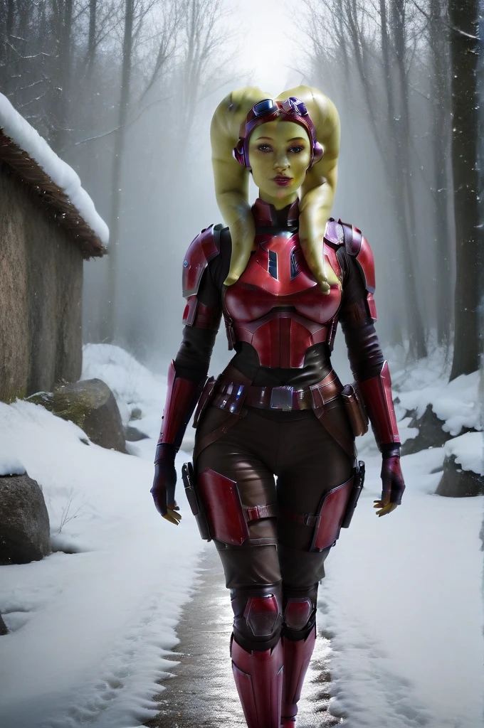 a ((fall body)) (((hera syndulla))) ((green skin ))
((female twi'lek ))mandalorian,walking on snow, green fire in hand , beautiful detailed eyes, beautiful detailed lips, extremely detailed face, long eyelashes, mandalorian armor, sci-fi, cinematic lighting, dramatic, epic, intricate details, hyper-realistic, 8k, high-quality, photorealistic