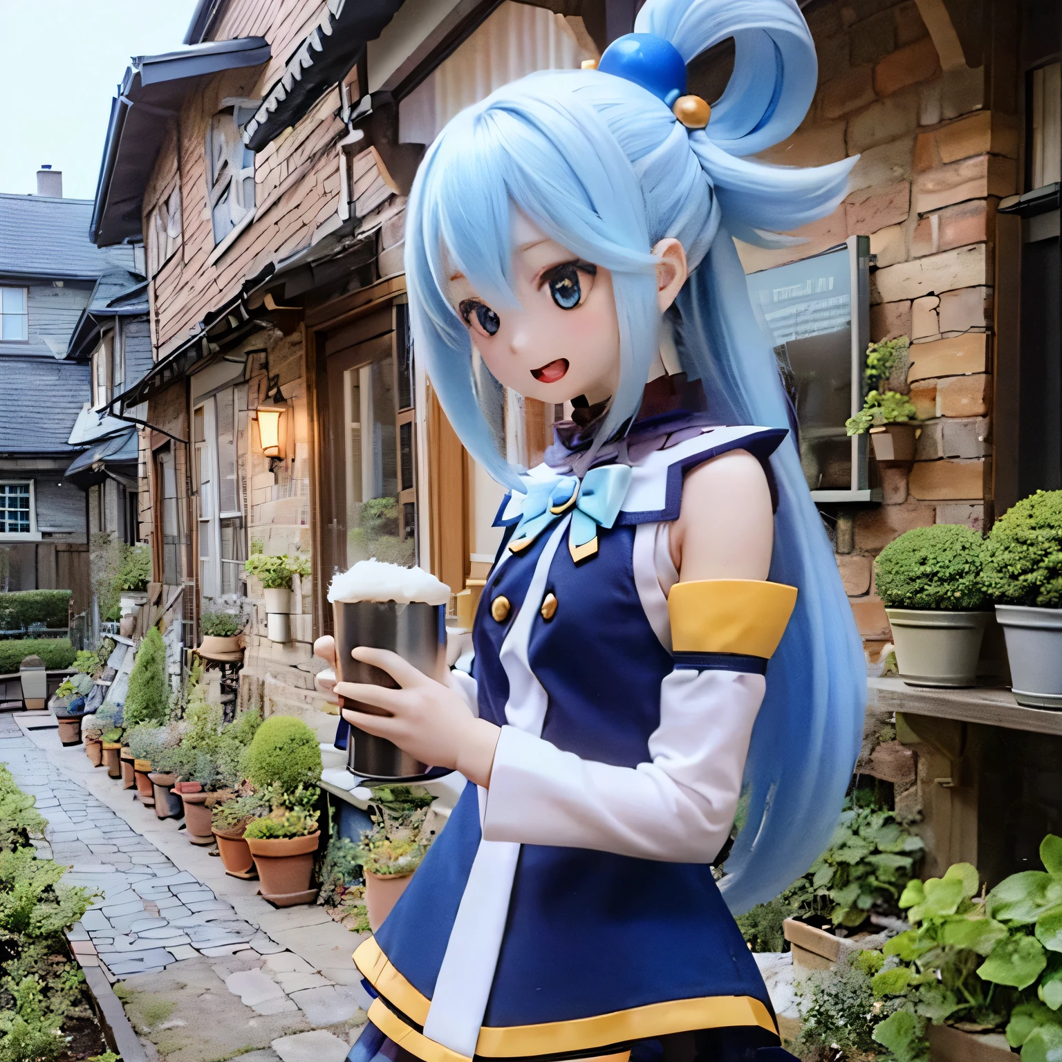 (a young girl and) Blue Hair, (wear) a white and blue dreSS, (Holding) staff, (Standing) wealthy, Vibrant Gardens, (and) in a bar (Holding a mug and drinking beer) Around her, (Down) Clear blue sky.(((((punch)))))
(Portraiture) girl&#39;S, (Realistic) rendering, (and) (Very detailed) Features, (Inclusive) Sparkling Blue Eyes, (薔薇Farbeの) lips, and (length) eyelash.
(Highest quality, 4K, High resolution) image, (and) (vivid) Farbe, (Emphasis expressed) girl&#39;s and lively appearance.
(the garden iS filled and)  (end) a warm and inviting atmoSphere, (and) Light up the scene.villain poSe
have a magic wand (((open your mouth and laugh)))