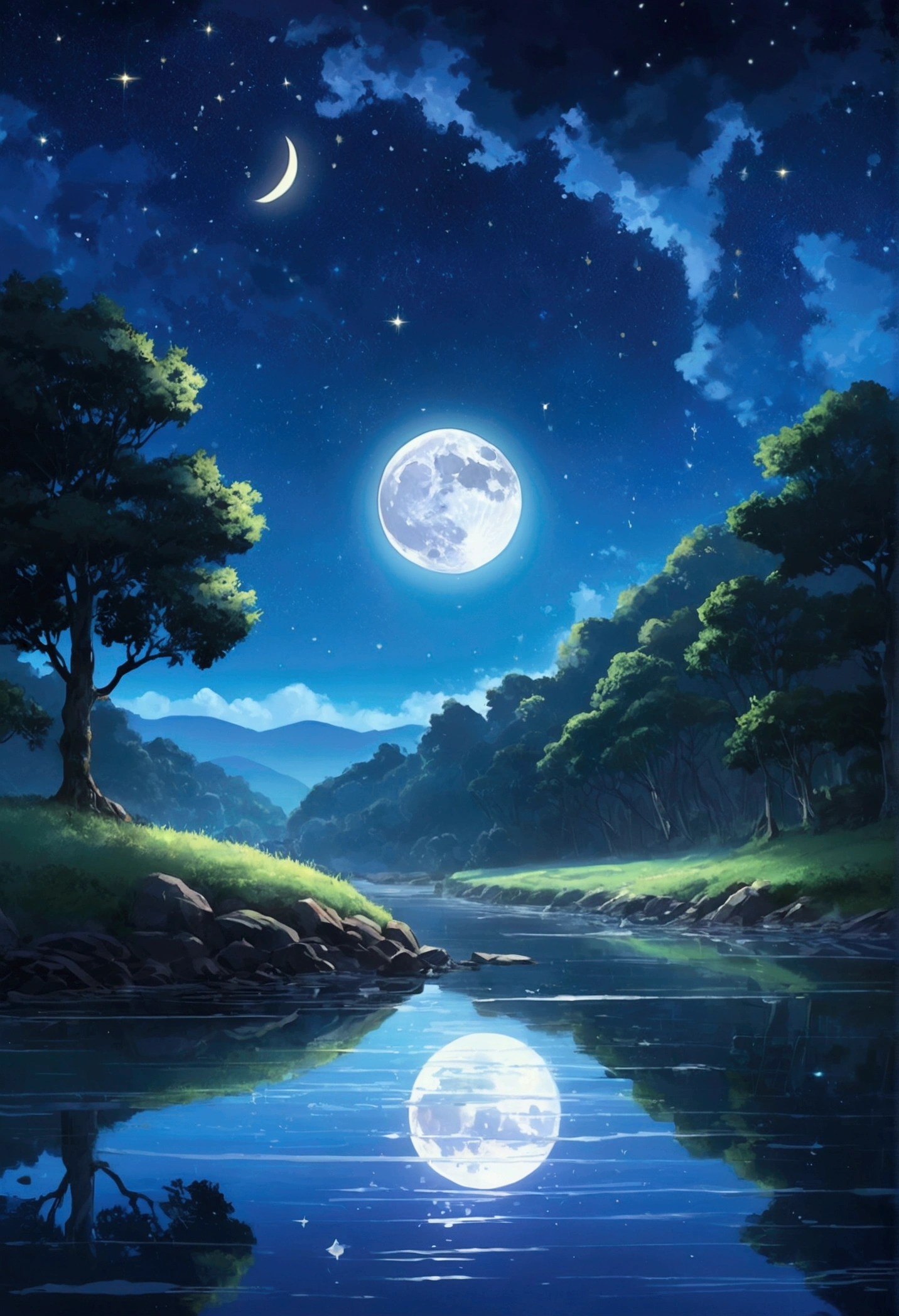 Painting of a river with stars and moon floating in the sky, Concept art inspired by Mitsuoki Tosa, pixiv Contest Winner, Highest quality, Fantasy art, Beautiful anime scene, Bright Moon, 月明かりとStarry Skyの環境, Dream Painting, Anime Background Art, Fantasy Landscape Painting, Fantasy Night, Anime Background, Background artwork, Great art, Atmospheric anime, Starry Sky, Detail enhancements.