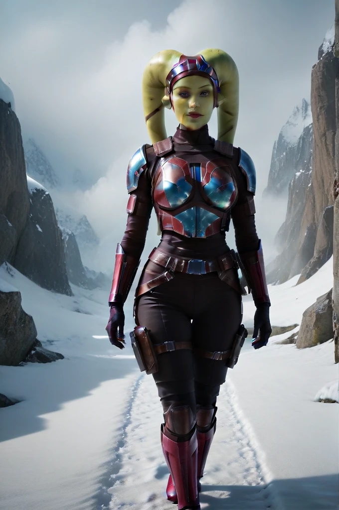 a ((fall body)) (((hera syndulla))) ((green skin )) ((female twi'lek ))mandalorian,walking on snow, green fire in hand , beautiful detailed eyes, beautiful detailed lips, extremely detailed face, long eyelashes, mandalorian armor, sci-fi, cinematic lighting, dramatic, epic, intricate details, hyper-realistic, 8k, high-quality, photorealistic