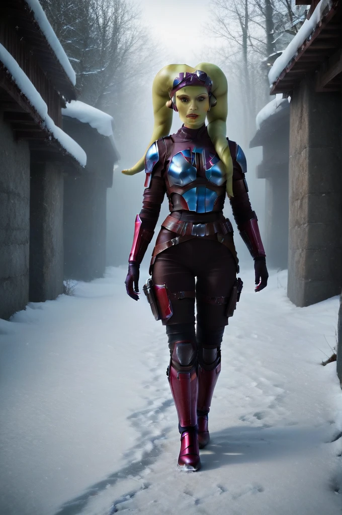a ((fall body)) (((hera syndulla))) ((green skin )) ((female twi'lek ))mandalorian,walking on snow, green fire in hand , beautiful detailed eyes, beautiful detailed lips, extremely detailed face, long eyelashes, mandalorian armor, sci-fi, cinematic lighting, dramatic, epic, intricate details, hyper-realistic, 8k, high-quality, photorealistic