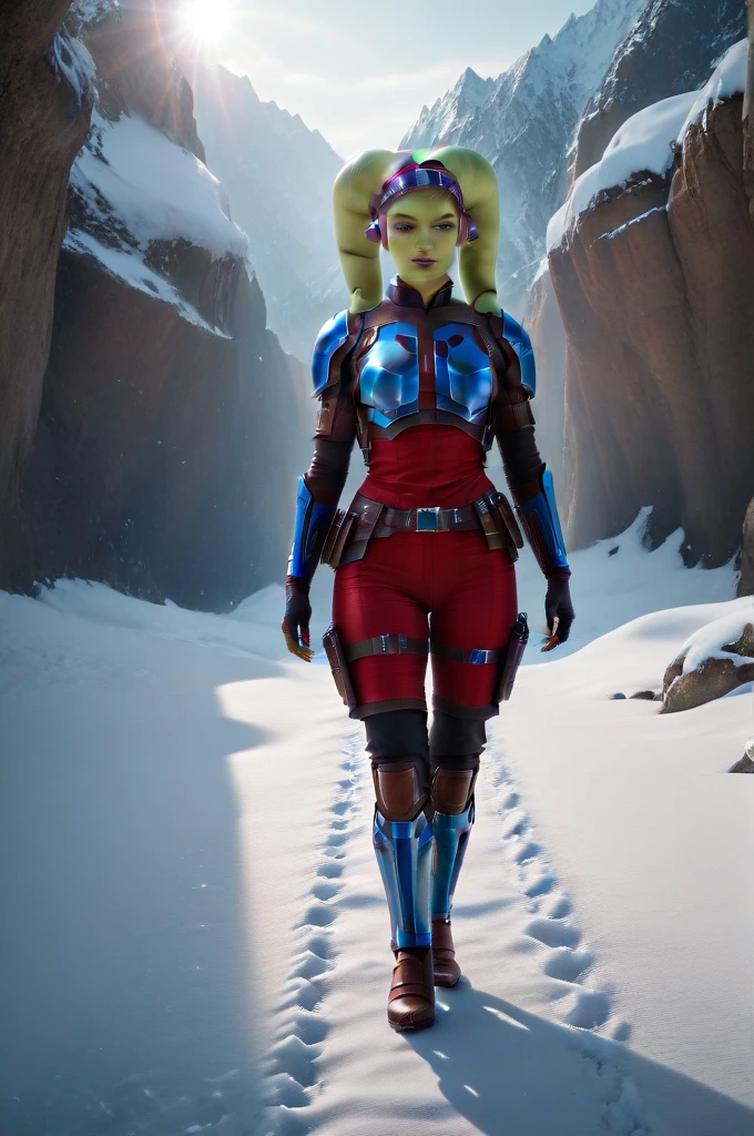 a ((fall body)) (((hera syndulla))) ((green skin )) ((female twi'lek ))mandalorian,walking on snow, green fire in hand , beautiful detailed eyes, beautiful detailed lips, extremely detailed face, long eyelashes, mandalorian armor, sci-fi, cinematic lighting, dramatic, epic, intricate details, hyper-realistic, 8k, high-quality, photorealistic