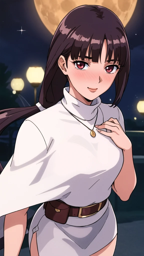 white cape turtleneck, black pencil shirt,black short skirt, black belt tied skirt, hair ornament, hair scrunchie, low ponytail, downer ponytail, middle ponytail, long hair, bangs, brunette, black hair, blunt bangs, big red eyes, alone, 1 girl, Young female, 18 years old, sexy gal, very cute, smile, Beautiful Finger,Beautiful long legs,Beautiful body,Beautiful Nose,Beautiful character design, perfect eyes, perfect face,expressive eyes, looking at viewer, in the center of the image,(light smile:0.5), official art, outdoor, portrait, perfect lighting,Colorful, Bright_Front_face_Lighting,shiny skin, (masterpiece:1.0),(best quality:1.0), ultra high res,4K,ultra-detailed, photography, 8K, HDR, highres, absurdres:1.2, Kodak portra 400, film grain, blurry background, bokeh:1.2, lens flare, (vibrant_color:1.2), (beautiful face), (slender body, curvy body, slim waist, slim hip), (ashamed, blushing), glossy lip rouge, glossy crimson rouge, (jealousy), SFW, seductive, charming,(attractive,enchanting,fascinating,captivating,bewitching,enthralling,entrancing,attractive,gripping,engrossing),airport,night,fullmoon,bluemoon,(flush, blush, flushing, suffusion),(perplexity; aporioneurosis; quandary; bewilderment; embarrassment),dallying,elegance,smart,beautiful long hair, brown blazer, silver metal moon necklace,