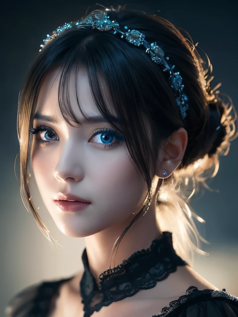 Close-up of woman in black and blue dress, Highly detailed digital art in 8K, 8K Detailed Digital Art, リアルなDigital Art 8K, リアルなDigital Art 8K, Amazing digital illustrations, 美しいSFPortrait of a Girl, SF Women's Portraits, Digital Art 8K, Portrait of a Girl, Beautiful girl face, Epic portrait illustration