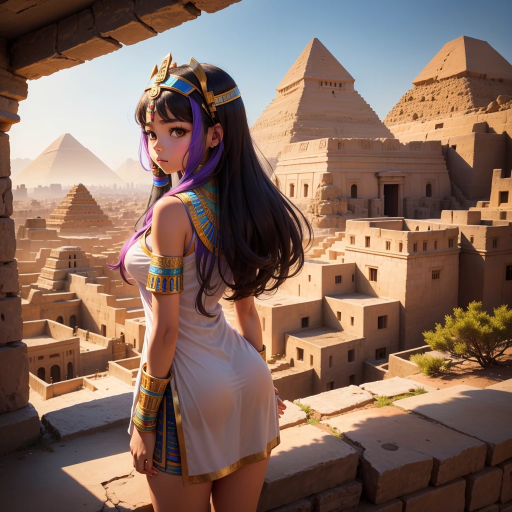 Cute ancient Egyptian 15 year old girl、A hill overlooking the colorful temples of ancient Egypt、A colorful view of the whole city、whole body、Low - Angle、Standing posture