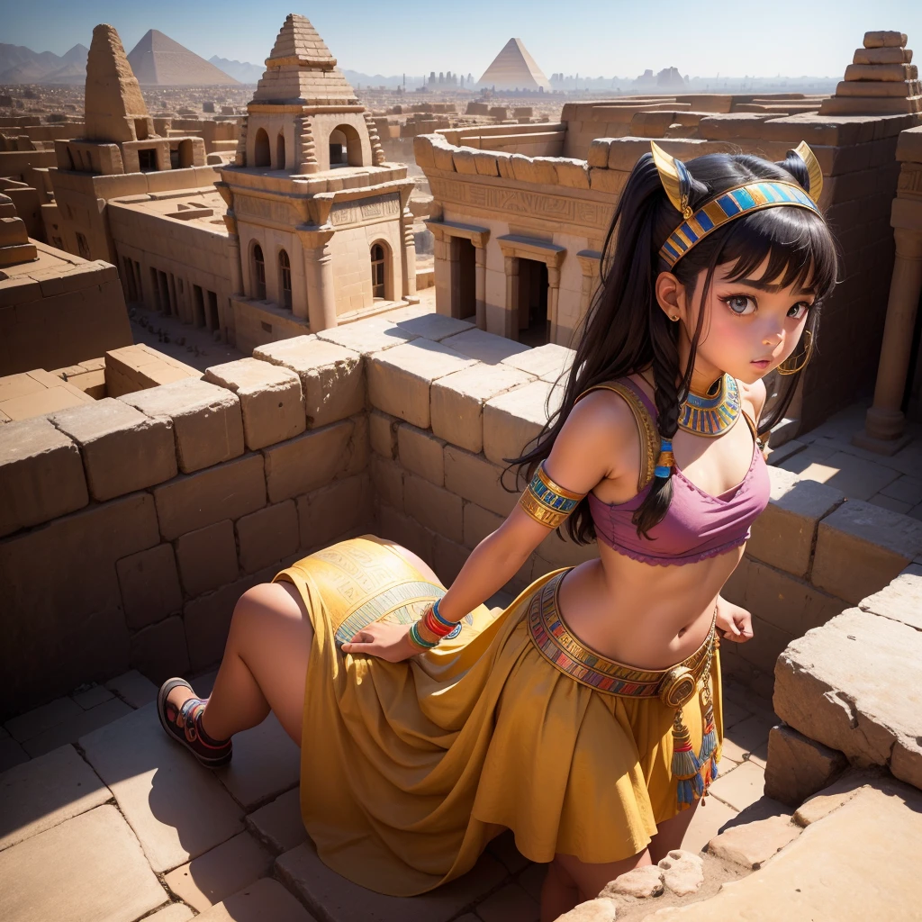 Cute ancient Egyptian  girl、A hill overlooking the colorful temples of ancient Egypt、A colorful view of the whole city、whole body、Low - Angle、Standing posture