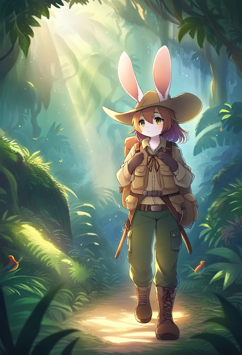 ((Masterpiece)), ((Best Quality)), (Very Detailed), ((Very Detailed)), 4K, (8K), very aesthetic, absurdres highres, 1 girl, (anthropomorphic Rabbit, furry, kemono:1.5), Adventurer, a jungle illuminated by the sunrise. A quiet and peaceful atmosphere, with giant rainforest trees and colorful birds flying between the vine-covered trees. jungle, tropical rainforest, lush trees, untouched, adventurer, detailed attire, khaki long-sleeve shirt, multi-pocket vest, cargo pants, trekking boots, gaiters, wide-brim hat, khaki backpack, gloves, morning light, colorful birds, sunlight reflection, peaceful, mysterious, exploration,