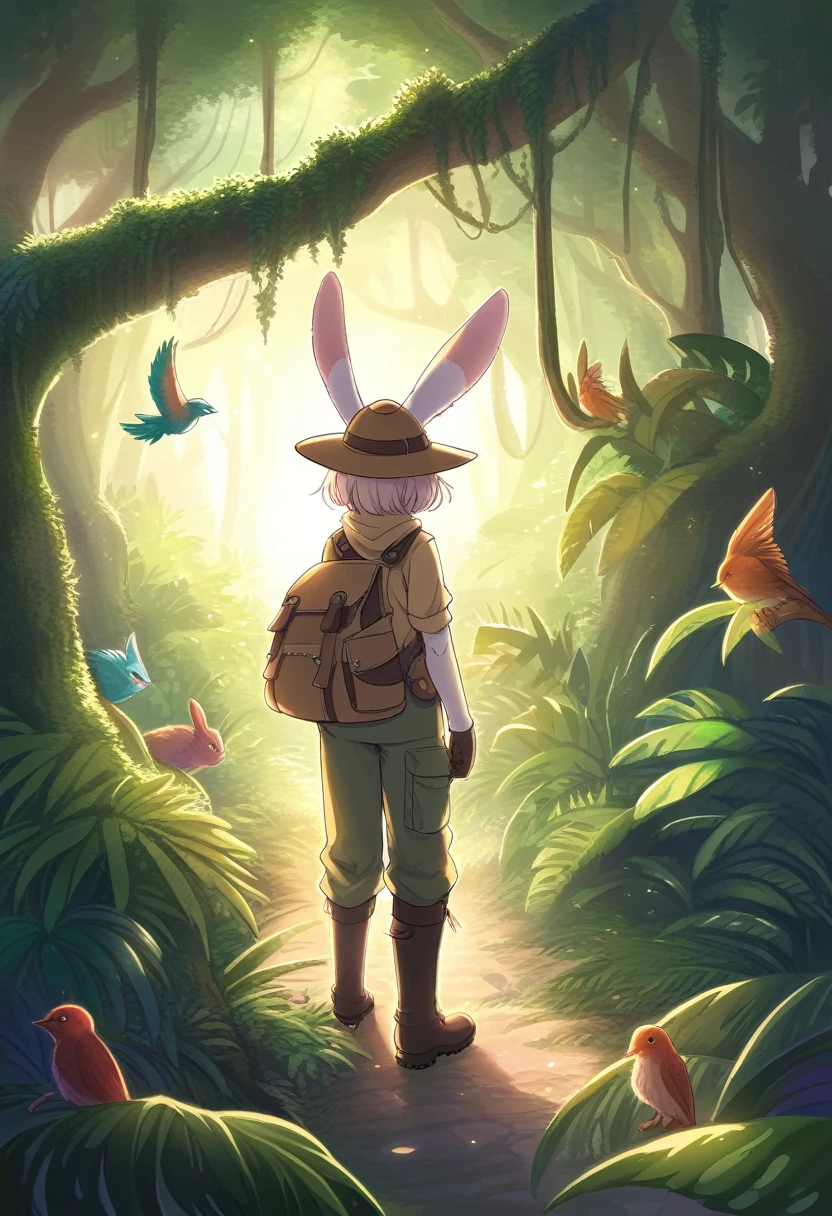 ((Masterpiece)), ((Best Quality)), (Very Detailed), ((Very Detailed)), 4K, (8K), very aesthetic, absurdres highres, 1 girl, (anthropomorphic cat, furry, kemono:1.5), Adventurer, a jungle illuminated by the sunrise. A quiet and peaceful atmosphere, with giant rainforest trees and colorful birds flying between the vine-covered trees. jungle, tropical rainforest, lush trees, untouched, adventurer, detailed attire, khaki long-sleeve shirt, multi-pocket vest, cargo pants, trekking boots, gaiters, wide-brim hat, khaki backpack, gloves, morning light, colorful birds, sunlight reflection, peaceful, mysterious, exploration,