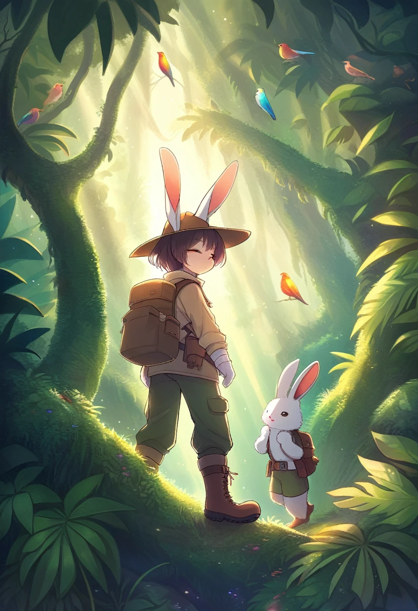 ((Masterpiece)), ((Best Quality)), (Very Detailed), ((Very Detailed)), 4K, (8K), very aesthetic, absurdres highres, 1 girl, (anthropomorphic Rabbit, furry, kemono:1.5), Adventurer, a jungle illuminated by the sunrise. A quiet and peaceful atmosphere, with giant rainforest trees and colorful birds flying between the vine-covered trees. jungle, tropical rainforest, lush trees, untouched, adventurer, detailed attire, khaki long-sleeve shirt, multi-pocket vest, cargo pants, trekking boots, gaiters, wide-brim hat, khaki backpack, gloves, morning light, colorful birds, sunlight reflection, peaceful, mysterious, exploration,
