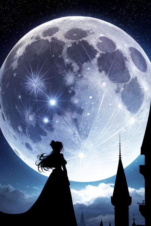 Highest quality,Big moon and shadow,A silhouette of a person can be seen against the backdrop of a large moon.,There is one full moon,There is a mood,Beautiful scenery,Starry Sky