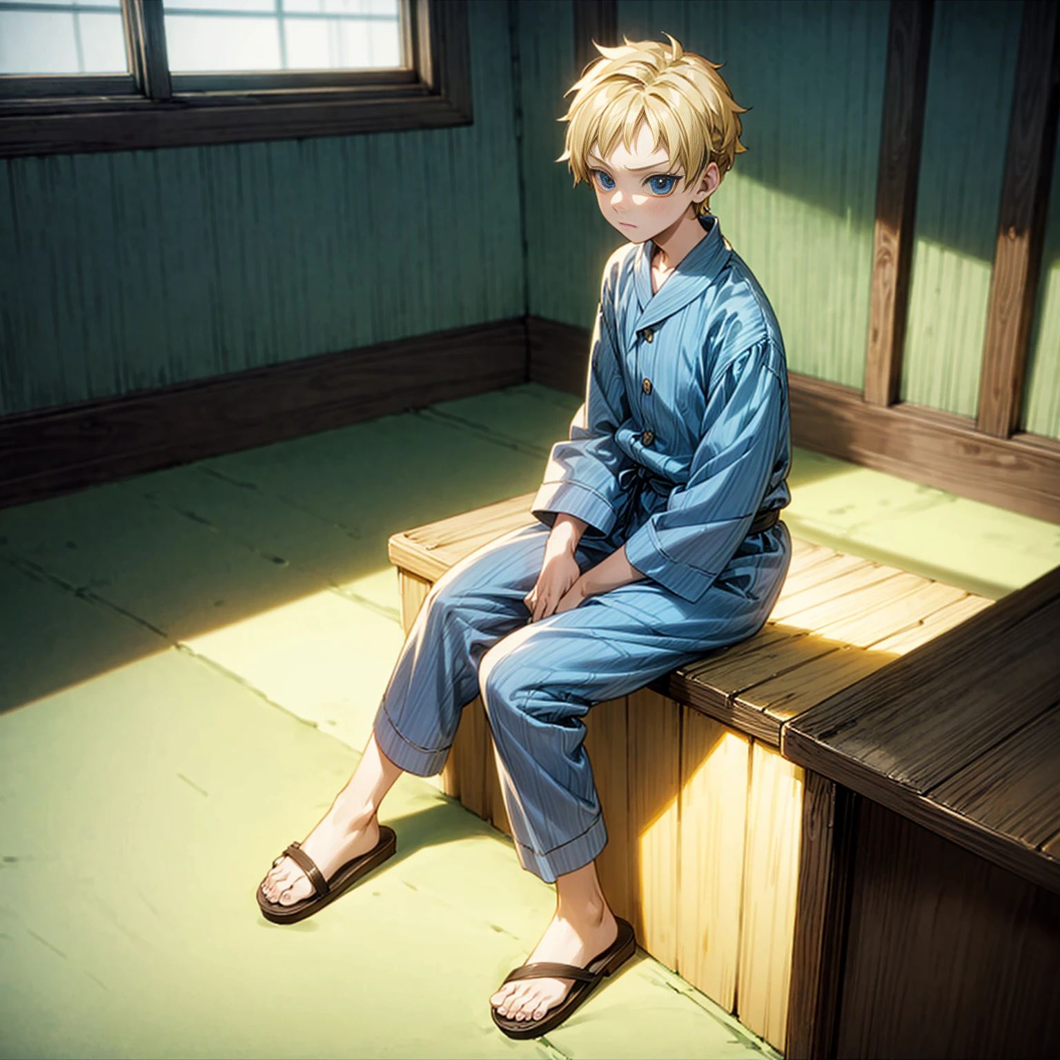 1kid boy, Full body version, 1character, blue eyes, sad eyes, short haircut, blonde color hair, pajama style outfit, sandals, Grassroots, full background indoor building, motion blur, (one piece style art), sit down gesture,