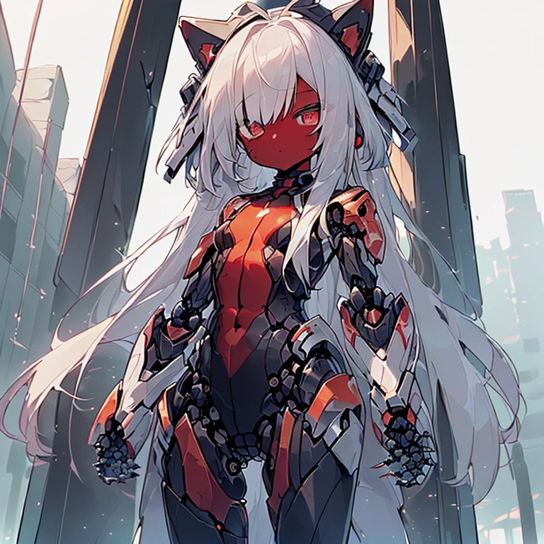 (Fox Girl, Fox Ears, Silver Hair, Fox Makeup, One Girl, Long Hair, Alone on the screen, dark skin, High definition, high resolution:1.6), (mecha musume, Machinery Parts,Robot Joints, White and red clothes, face以outside全身機械スーツ:1.8), (Body measurements are 75-60-75!, Young girl body, Small breasts, Proudly, Standing posture, slender, muscle:1.9), Avatar, face, 色っぽいface, Dominant representation, naughty face, Uplifting, Skin Texture, outside, ruins, Ruined City, Broken Building, There are no people