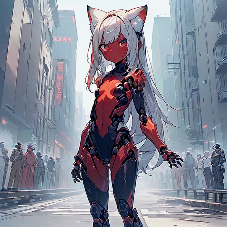 (Fox Girl, Fox Ears, Silver Hair, Fox Makeup, One Girl, Long Hair, Alone on the screen, dark skin, High definition, high resolution:1.6), (mecha musume, Machinery Parts,Robot Joints, White and red clothes, face以outside全身機械スーツ:1.8), (Body measurements are 75-60-75!, Young girl body, Small breasts, Proudly, Standing posture, slender, muscle:1.9), Avatar, face, 色っぽいface, Dominant representation, naughty face, Uplifting, Skin Texture, outside, ruins, Ruined City, Broken Building, There are no people