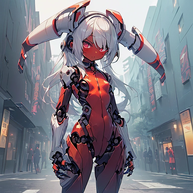 (Fox Girl, Fox Ears, Silver Hair, Fox Makeup, One Girl, Long Hair, Alone on the screen, dark skin, High definition, high resolution:1.6), (mecha musume, Machinery Parts,Robot Joints, White and red clothes, face以outside全身機械スーツ:1.8), (Body measurements are 75-60-75!, Young girl body, Small breasts, Proudly, Standing posture, slender, muscle:1.9), Avatar, face, 色っぽいface, Dominant representation, naughty face, Uplifting, Skin Texture, outside, ruins, Ruined City, Broken Building, There are no people