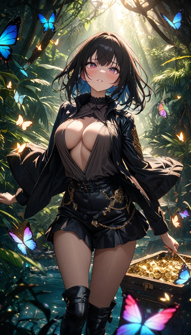 beautiful female, huge boobs, nsfw, upper body, sunglasses on, long intricate hair, smile,  depth of field, dark skinned, flowers all around, flying butterflies, colorful