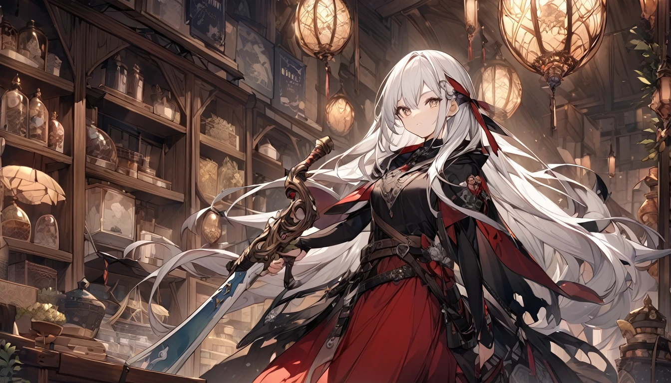 mysterious。White Hair Girl。Detailed Background。At a store selling magical weapons、White Hair Girlが光り輝く杖を手にしているシーン。The strange sights inside the store are impressive。