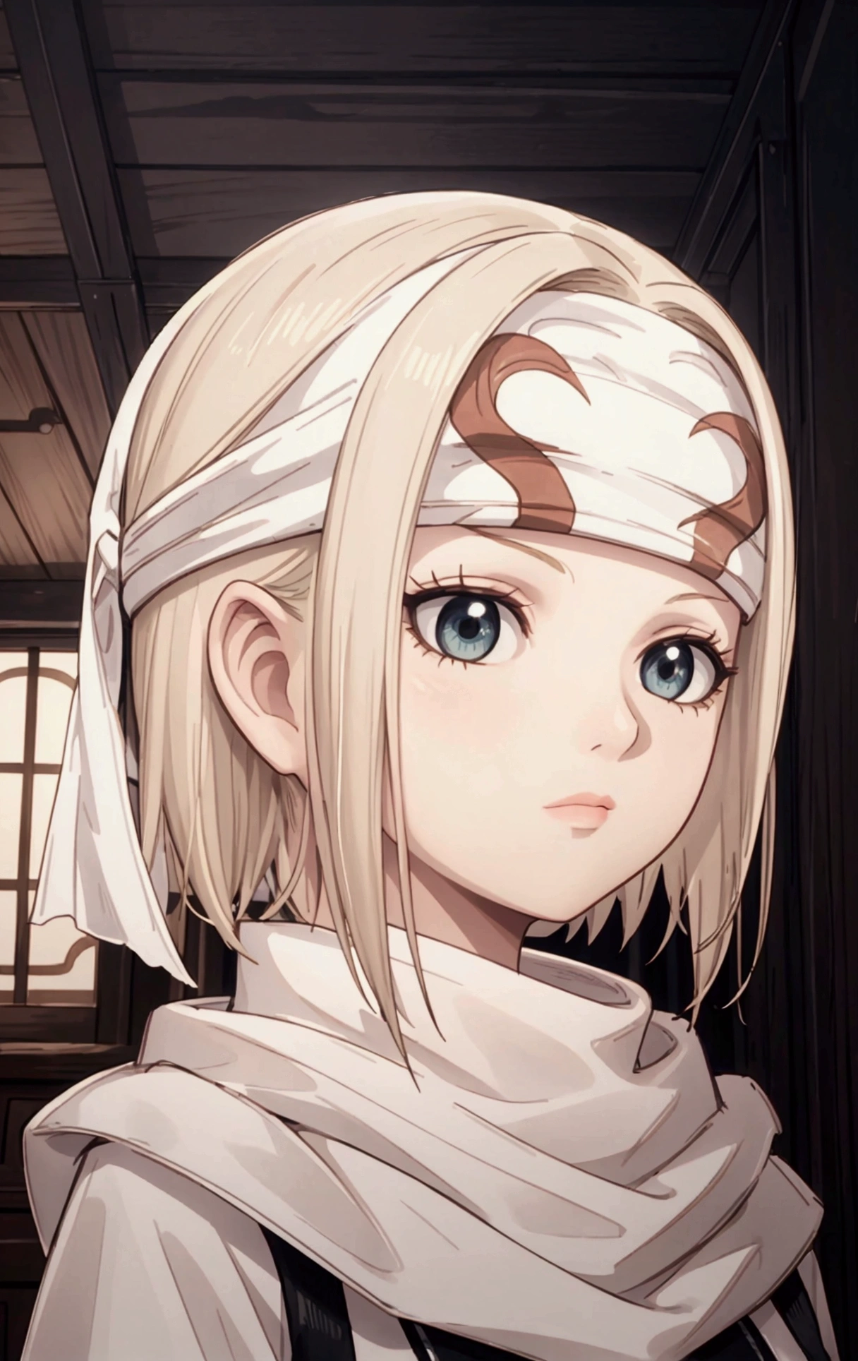 masterpiece), best quality, high resolution blonde 1girl bob cut medium hair standing alone cowl headband profile image looking at viewer beautiful eyes beautiful face extremely detailed