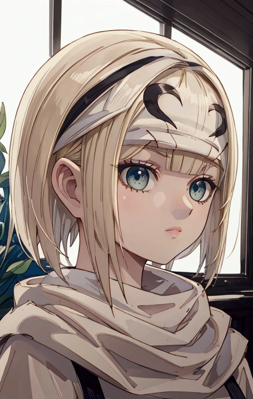 masterpiece), best quality, high resolution blonde 1girl bob cut medium hair standing alone cowl headband profile image looking at viewer beautiful eyes beautiful face extremely detailed