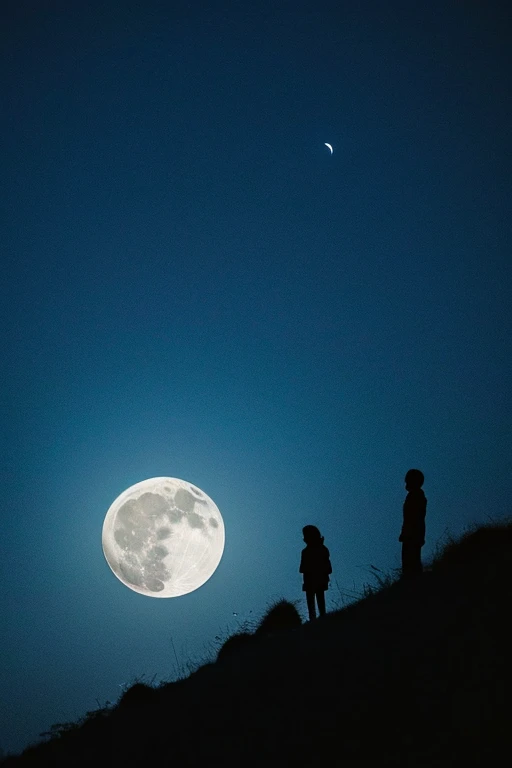 Highest quality,Big moon and shadow,A silhouette of a person can be seen against the backdrop of a large moon.,There is one full moon,There is a mood,Beautiful scenery,Starry Sky