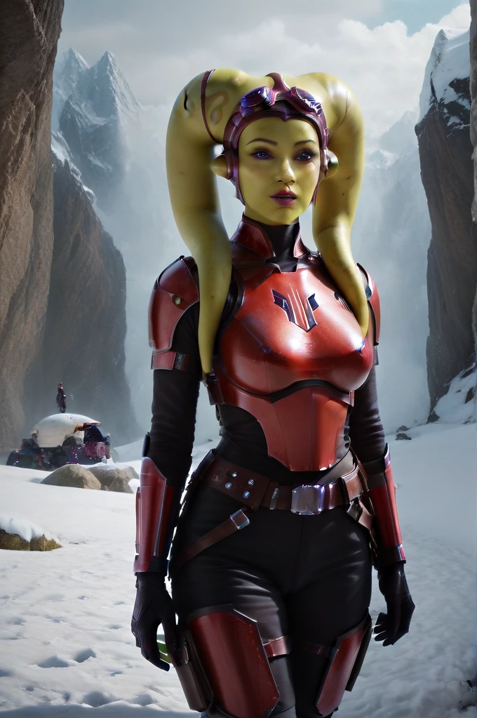 a ((fall body)) (((hera syndulla))) ((green skin )) ((female twi'lek ))mandalorian,walking on snow, ((green fire in hand)) , beautiful detailed eyes, beautiful detailed lips, extremely detailed face, long eyelashes, mandalorian armor, sci-fi, cinematic lighting, dramatic, epic, intricate details, hyper-realistic, 8k, high-quality, photorealistic