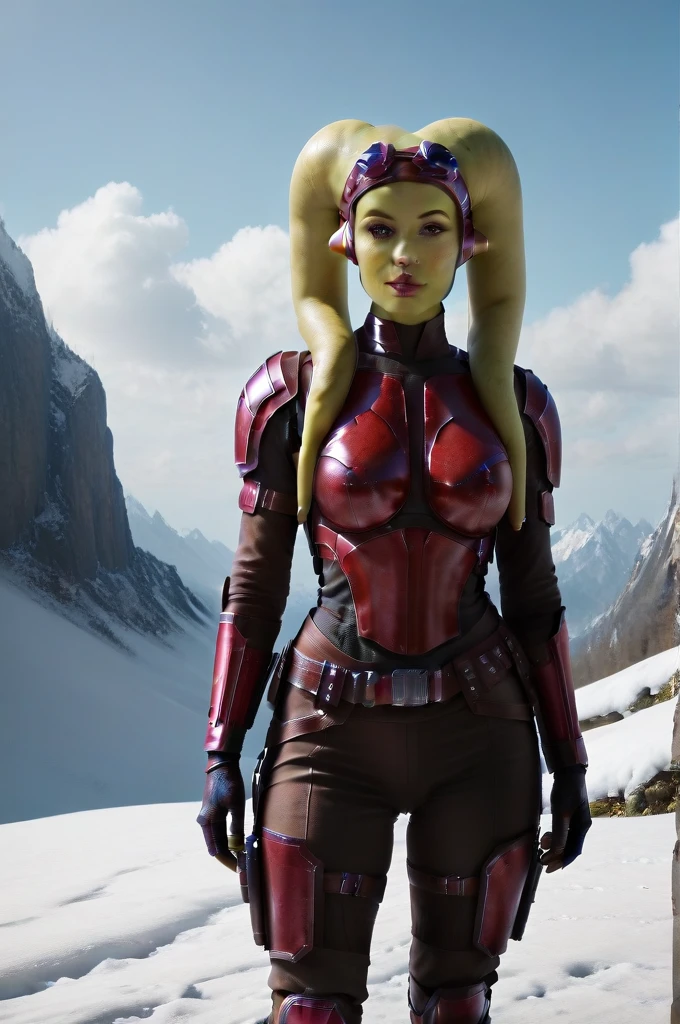 a ((fall body)) (((hera syndulla))) ((green skin )) ((female twi'lek ))mandalorian,walking on snow, ((green fire in hand)) , beautiful detailed eyes, beautiful detailed lips, extremely detailed face, long eyelashes, mandalorian armor, sci-fi, cinematic lighting, dramatic, epic, intricate details, hyper-realistic, 8k, high-quality, photorealistic
