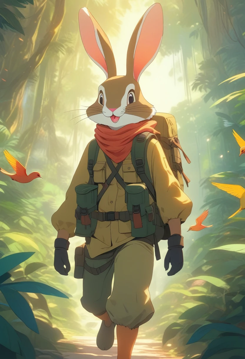 ((Masterpiece)), ((Best Quality)), (Very Detailed), ((Very Detailed)), 4K, (8K), very aesthetic, absurdres highres, 1 girl, (anthropomorphic Rabbit, furry, kemono:1.5), Adventurer, a jungle illuminated by the sunrise. A quiet and peaceful atmosphere, with giant rainforest trees and colorful birds flying between the vine-covered trees. jungle, tropical rainforest, lush trees, untouched, adventurer, detailed attire, khaki long-sleeve shirt, multi-pocket vest, cargo pants, trekking boots, gaiters, wide-brim hat, khaki backpack, gloves, morning light, colorful birds, sunlight reflection, peaceful, mysterious, exploration,