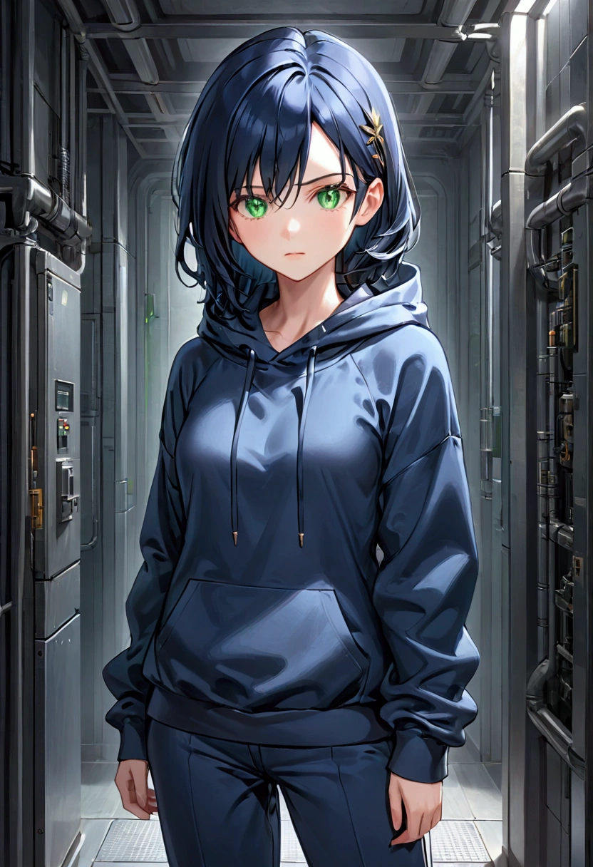Girl with dark blue hair, green eyes,tall rectangular body figure, mature,hoodie and pants