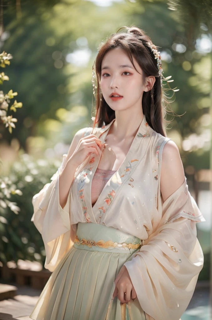 ((best quality, 8ก, Masterpiece: 1.3)), Point of interest: 1.2, perfect body beauty: 1.4, bottom: 1.2, ((Layered haircut)), (Wet clothes: 1.1), (rain, road:1.3), (chest: 1.2), (Hanfu: 1.2), bare shoulders, Bare legs, Highly detailed facial and skin textures, good eyes, Double eyelids, Whiter skin, long hair, (shut your mouth: 1.5), (bokeh background: 1.5), Big chest。nude、My shirt fell off、open shoulder、short skirt、