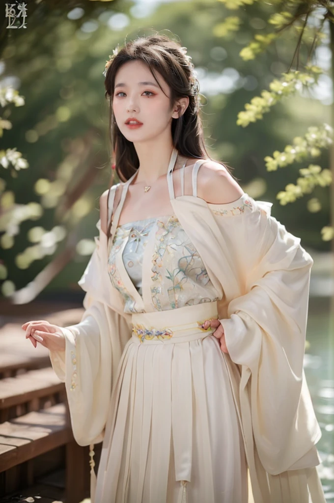 ((best quality, 8ก, Masterpiece: 1.3)), Point of interest: 1.2, perfect body beauty: 1.4, bottom: 1.2, ((Layered haircut)), (Wet clothes: 1.1), (rain, road:1.3), (chest: 1.2), (Hanfu: 1.2), bare shoulders, Bare legs, Highly detailed facial and skin textures, good eyes, Double eyelids, Whiter skin, long hair, (shut your mouth: 1.5), (bokeh background: 1.5), Big chest。nude、My shirt fell off、open shoulder、short skirt、