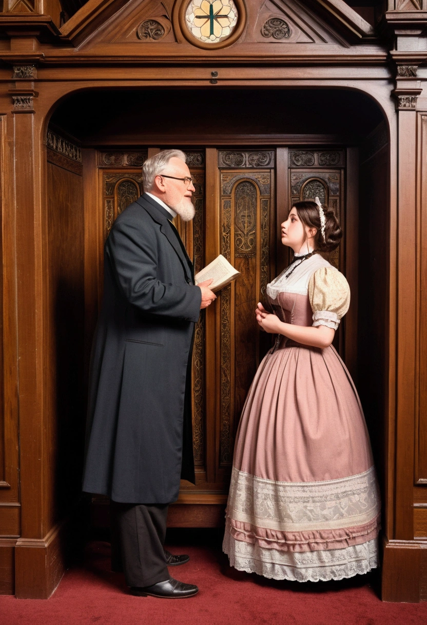 Illustration of a church scene in Victorian style, an elderly pastor and a young voluptuous buxom brunette plump woman wearing a Victorian style dress standing in front of the confessional an talking