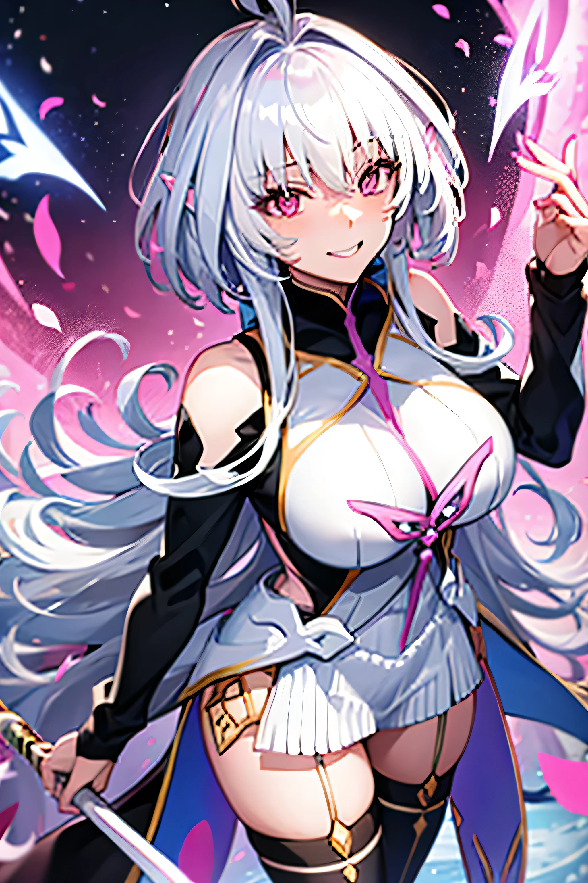 fate merlin, big breasts, pink streaks in her hair, black dress, long hair