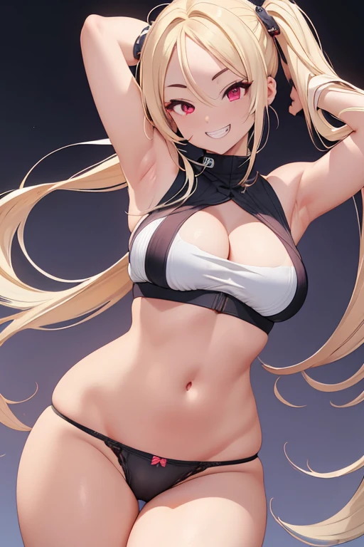 Realistic、masterpiece, 1house wife、blonde hair、twin tail, red eyes, (eye focus:1.3,face focus),(Gradient eyes:1.3),(sexy panties)、open mouth,(grin:1.3),forehead,cute face、((Thick thighs、Beautiful thighs)), A condescending gaze on the viewer,((Raise your arms, Expose your armpits)), Wrestler