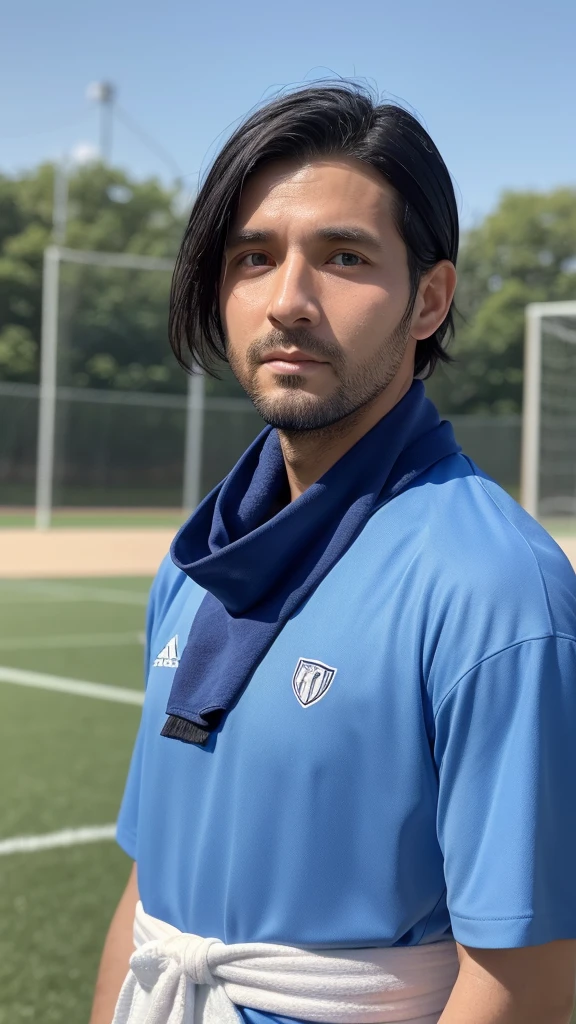 (Highest quality)), ((masterpiece)), (detailed),The background is the ground、A towel is wrapped around his neck、Soccer Coach、A man around 35 years old、A man with waist-length black hair tied back、Wearing a blue uniform、Eye color is a calm blue、Location: Soccer field。