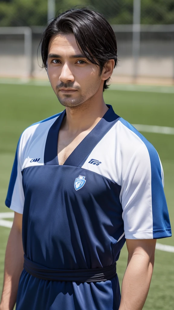 (Highest quality)), ((masterpiece)), (detailed),The background is the ground、A towel is wrapped around his neck、Soccer Coach、A man around 35 years old、A man with waist-length black hair tied back、Wearing a blue uniform、Eye color is a calm blue、Location: Soccer field。